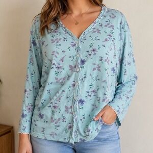 Vintage Vanity Fair 3X Blue Floral Pajama Top Cottagecore Grandmacore Romantic